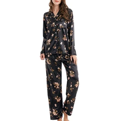 Image of Women&#039;s Pyjama Set Satin Long Sleepwear Nightwear Loungewear (Black Flowers, Medium)