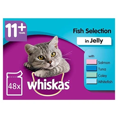 Image of whiskas 11+ Cat Pouches Fish Selection in Jelly 12x100g pk (Pack of 4, Total 48 Pouches)