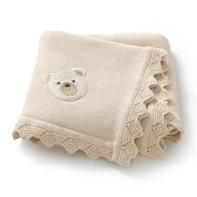 Image of DovFanny Cotton Cellular Baby Blanket Knitted Soft for Newbron Boy and Girls with Lovely Embroidery Bear