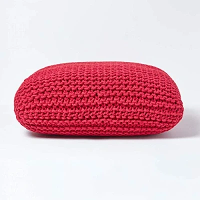 Image of HOMESCAPES Red Knitted Square Pouffe Footstool Floor Cushion Bean Filled 100% Cotton for Living Room Children or the Elderly