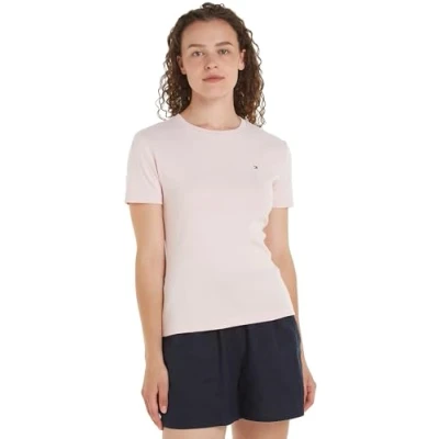 Image of Tommy Hilfiger Women T Shirt Short Sleeve New Slim Cody Crop Crew Neck, Pink (Whimsy Pink), S