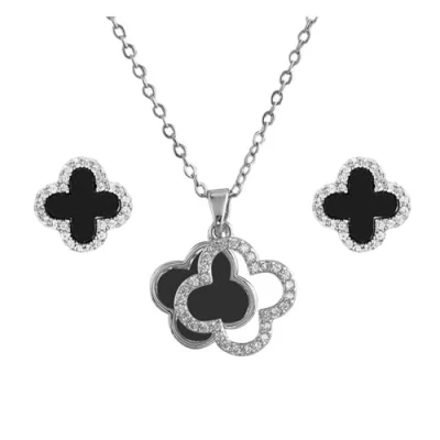 Image of XIWCAFC Four Leaf Clover Jewelry Set for Women 18K Gold Plated Stainless Steel White Black Pendant Necklace Stud Earrings Jewellery with Cubic Zirconia (Black 2)
