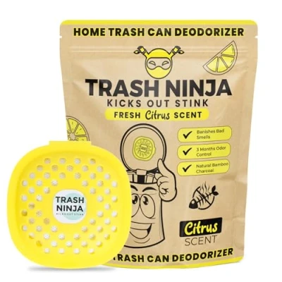 Image of Trash Ninja Bin Freshener Odour Eliminator with Activated Charcoal, Reusable Deodoriser and Freshener, Stick On Air for Bins, Smell a Fresh Citrus Scent