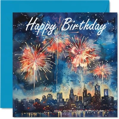 Image of Birthday Cards for Women Men Watercolour Fireworks Happy Card Mum Dad Brother Sister Uncle Auntie Cousin Grandad Nanny Friend 145mm x Bday Greeting