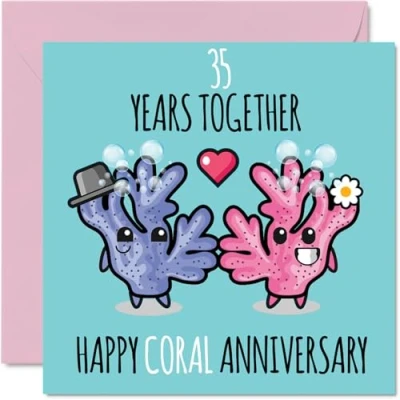Image of Cute Coral Anniversary Card for Boyfriend Girlfriend 35 Years Together Happy 35th Wedding Cards Women Men, 145mm x Greeting Thirty Fifth Anniversaries