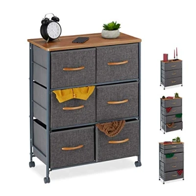 Image of Relaxdays Chest Castors, 6 Drawers, Decor Fabric Stand, Wood Look, HWD 74.5 x 58 30 cm, Grey, Steel
