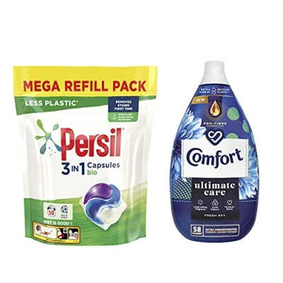 Image of Persil &amp; Comfort Bio Washing Capsules Ultimate Care Fresh Sky Fabric Conditioner Bundle 50 Wash