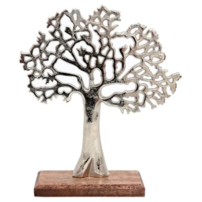 Image of Carousel Home and Gifts Silver Metal Tree Decorative Ornament On Wooden Base Small