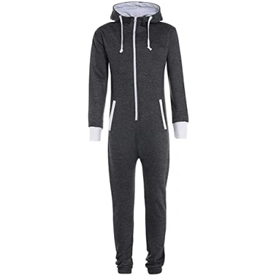 Image of trending babz Mens Zip Up Plain Pocket Jumpsuit All in One Suit Drawstring Hooded Long Sleeves Warm Onesie Charcoal