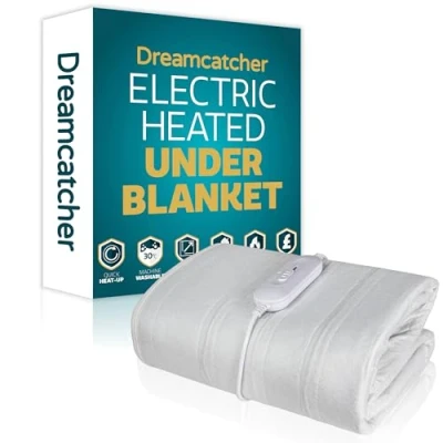 Image of Dreamcatcher Single Electric Blanket 135 x 65cm, Soft Polyester Fitted Underblanket Mattress Cover, 3x Heat Settings, 1x Controller and Machine Washable Heated