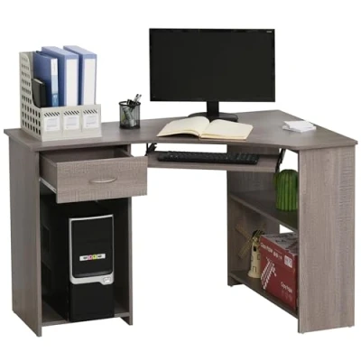 Image of HOMCOM L Shaped Corner Computer Desk w/ 2 Shelves Wide Worktop Keyboard Tray Drawer &amp; CPU Stand Home Office Study Bedroom Furniture Grey 120 x 70 cm
