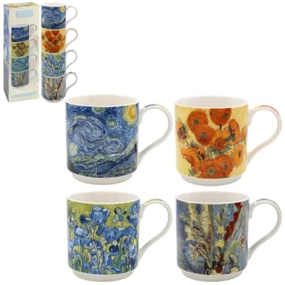 Image of Lesser &amp; Pavey Stacking Mugs Set of 4 Ceramic Coffee for Home or Work Premium Design All Occasions Lovely Tea, Hot Drinks Vincent Van Gogh