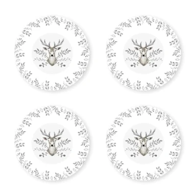 Image of YöL Set Of 4 Bowls Christmas White And Grey Stag Design Porcelain Festive Dinner Setting Xmas Décor