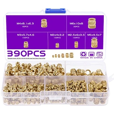 Image of Gueenky 390PCS Threaded Inserts 3D Printer, M2 M2.5 M3 M4 M5 M6 Knurled Brass Heat for Printer Plastic Parts