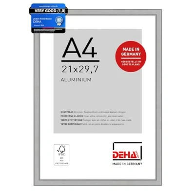 Image of DEHA Design Boston Photo Frame A4, 21x29.7cm Aluminium Picture Frame, Silver with Protective Acrylic Glazing and Push Turn Clips Frosted