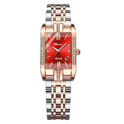 Image of JewelryWe Women Watches Square Rhinestone Analog Quartz Calendar Watch Stainless Steel Business Casual Wristwatch