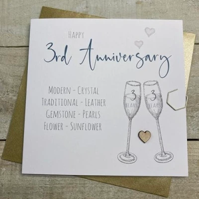 Image of WHITE COTTON CARDS FLUTES &amp; WOODEN HEART 3RD ANNIVERSARY CARD, HAND FINISHED (S110 3X)