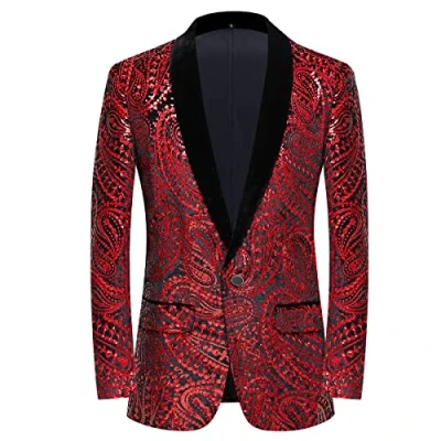 Image of PYJTRL Men&#039;s Shiny Sequins Suit Jacket Classic Floral Fashion, Suitable for Parties, Weddings, banquets, Proms,Red,S