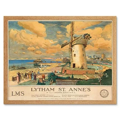 Image of Wee Blue Coo Travel England Lancashire Lytham St Annes Windmill Art Print Framed Poster Wall Decor 12X16 Inch