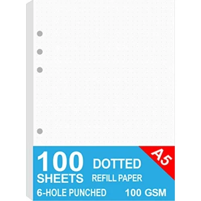 Image of A5 Dotted Refills Paper for Filofax Planner/Binders, 100 Sheets/200 Pages, 100gsm White Paper, 6 Hole Loose Leaf 14.8x21cm