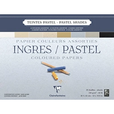 Image of Clairefontaine Ref 96488C Ingres Pastel Colour Glued Pad (25 Sheets) 30 x 40cm Size, Cotton Content, Acid Free, 130gsm Paper Assorted Colours
