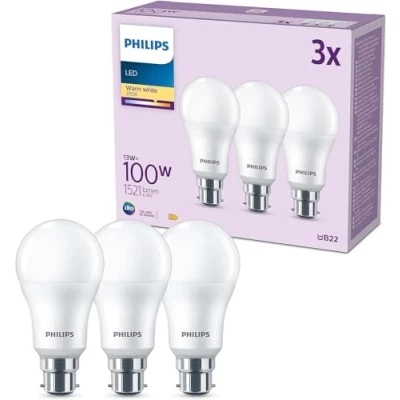 Image of PHILIPS LED Frosted A60 Light Bulb 3 Pack [Warm White 2700K B22 Bayonet Cap] 100W, Non Dimmable. for Home Indoor Lighting
