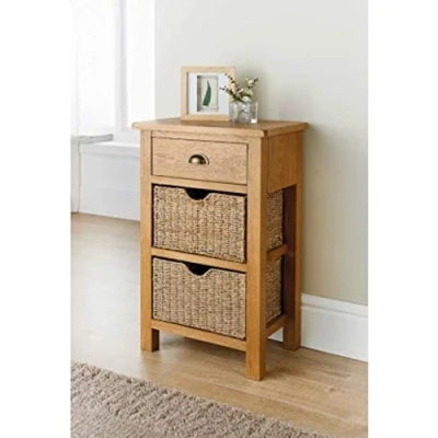 Image of HDmirrorR Florsol wiltshire Oak Small Console Table with two seagrass storage baskets.