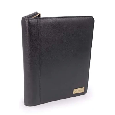 Image of Catwalk Collection Handbags Women&#039;s Leather A4 Zip Conference Folder Business Document Portfolio with Notepad Fits Tablet Chloe Black