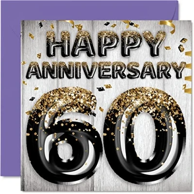 Image of Awesome Diamond Anniversary Card for Husband Boyfriend Wife Girlfriend Black Gold Glitter Balloons Happy 60th Cards from Family, 145mm x Greeting Sixtieth Anniversaries