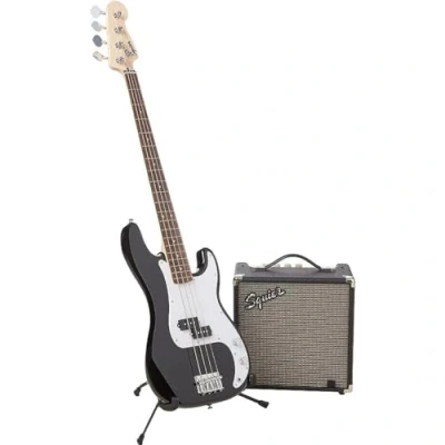 Image of Squier by Fender Affinity Series Precision Bass Guitar Pack, Maple fingerboard, includes Gig Bag &amp; Rumble 15 Amp, Black, Comes with Free Virtual Lessons