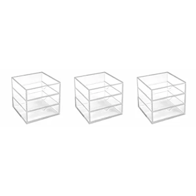 Image of OSCO Clear Acrylic Cube 3 Pack Drawers Not A4 Size Small Item Storage Stackable Lego Container Makeup Jewellery Box Compact Organiser 16.5cm x 6.5 Inch