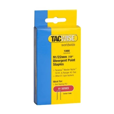 Image of Tacwise 0288 Type 91 / 22 mm Galvanised Narrow Crown Staples, Divergent Point, Pack of 1,000