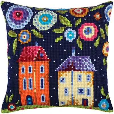 Image of Collection D&#039;Art 5347 Floral Street Cross Stitch Cushion, Cotton, Multi Colour, 40 x cm