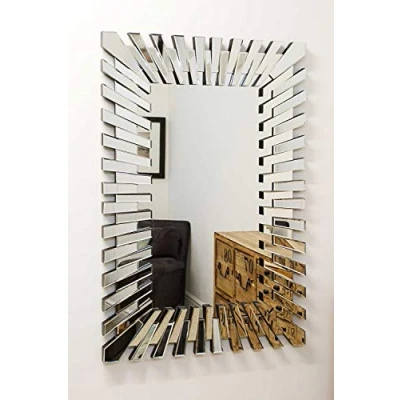 Image of MirrorOutlet Modern Unique 3D Sunburst All Glass Venetian Rectangular Wall Mirror, Frameless