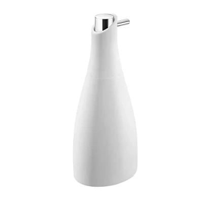 Image of COSMIC SAKU Minimalist Design Bathroom Soap Dish Made of Acrylic and Glass. Countertop Dispenser for Kitchen. Refillable 300 ml Accessory in Matte White Color