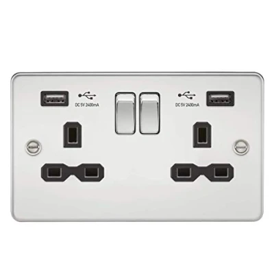 Image of KnightsBridge 13A 2G switched socket with dual USB charger A + (2.4A) Polished chrome black insert