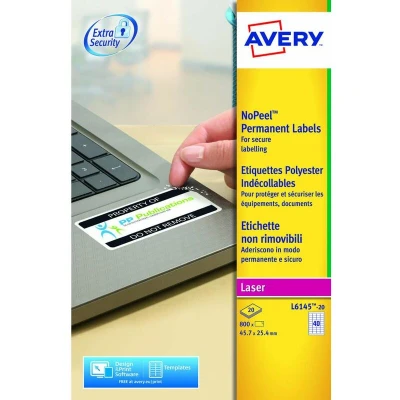 Image of Avery L6145 20 Extra Strong Adhesive NoPeel Permanent Labels, 40 Labels Per A4 Sheet, White