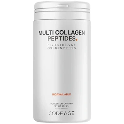 Image of Codeage Multi Collagen Protein Powder Peptides, 2 Month Supply, Hydrolyzed, Type I, II, III, V, X Grass Fed All in One Super Bone Broth Supplement, Non GMO, 567 Grams