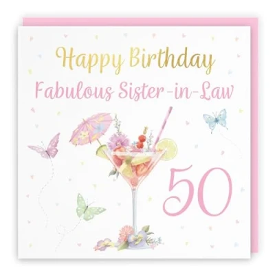 Image of Hunts England 50th Sister in Law Pink Cocktail And Butterflies Birthday Card Luxury Gold Foil Milo&#039;s Gallery Age 50 Drinks, Flowers, Hearts Elegant For