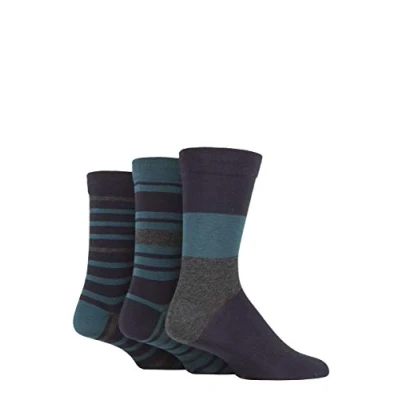 Image of SockShop Men&#039;s Comfort Cuff Socks Striped and Plain Soft Breathable &amp; Cooling Bamboo Material Multipack of 3 Pairs Navy/Bottle Green 12 14