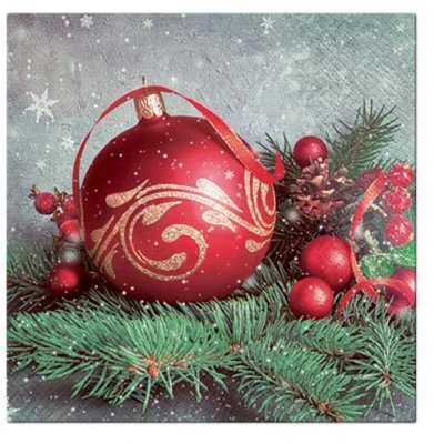 Image of 3 PLY Traditional Xmas Tissue Paper Napkins 33cm x Serviettes Pack of 20 (Bauble On Twig)