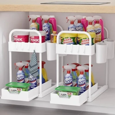 Image of AIXPI 2 Tier Under Sink Storage with Bottom Sliding Basket Drawer,4 Hooks, Hanging Cup,Multi Purpose Organiser for Bathroom Kitchen Countertop,2 Pack,White