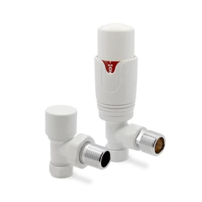 Image of White Angled Modern Thermostatic Radiator Towel Rail Valves Central Heating (Pair) 1/2&quot; BSP