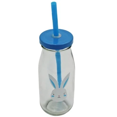 Image of Widdle Gifts Glass Easter Milk Bottle and Re useable Plastic Straw with Bunny Design (Blue 8179)