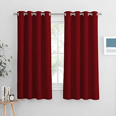 Image of PONY DANCE Thermal Blackout Curtain 52 x 63 inch Drop Eyelet Window Curtains Modern Style for Home Decoration Light Blocking Drapes Short French Door, Red, 2 Panels
