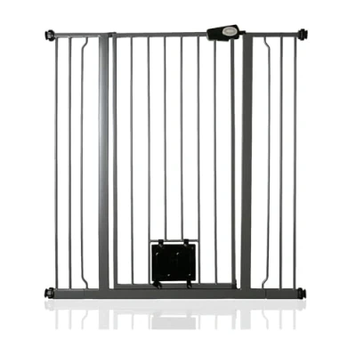 Image of Bettacare Pet Gate with Lockable Cat Flap, 100.8cm 108.4cm, Slate Grey, 104cm in Height, Extra Tall Dog Safety Barrier Easy Installation