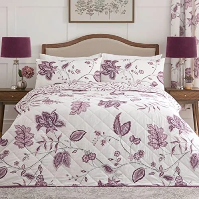 Image of Dreams &amp; Drapes Purple Floral Bedspread (200 x 230cm) Plum Damask Bed Cover White Quilt Padded Blanket in Traditional/Vintage Dark