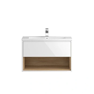 Image of Hudson Reed CST988E Coast ǀ Modern Bathroom Push Door and Open Shelved Wall Hung Vanity Unit with 1 Tap Hole Mid Edge Basin, 800mm x 500mm 390mm, Gloss White,