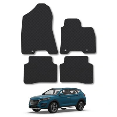 Image of Rubber Car Mats Compatible with Hyundai Tucson (2015 2021) [Press Stud] Tailored Fit Floor Set Accessory Black Custom 4 Pieces Clips Anti Slip Backing, Heavy Duty &amp; Waterproof