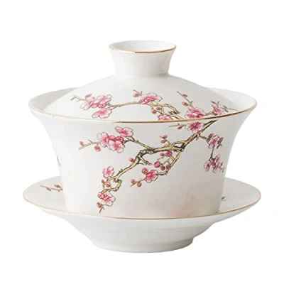 Image of YBK Tech 10oz Large Gaiwan, Porcelain Kung Fu Tea Cup and Saucer with Lid, Chinese Traditional Sancai Bowl Embossed Plum Patterns (White)